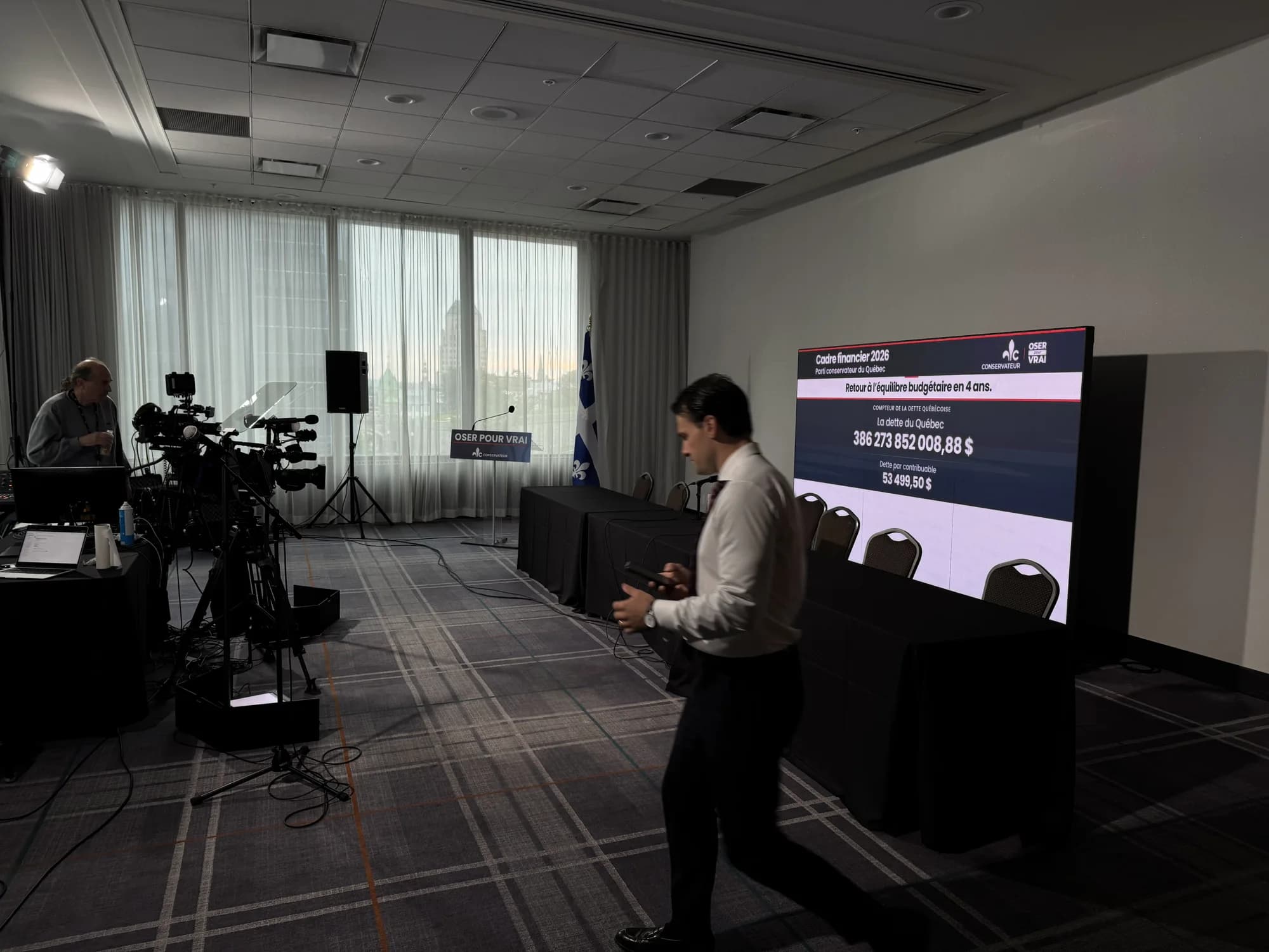 Three-screen Pixanova LED wall used as a backdrop for a media activation at the Hilton Hotel in Quebec City